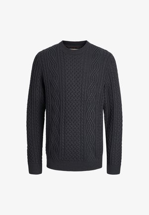 Dunkelgrauer Zopfmuster-Pullover mit langen Ärmeln und Rundhalsausschnitt, der auf der Vorderseite und an den Ärmeln komplexe Muster aufweist.