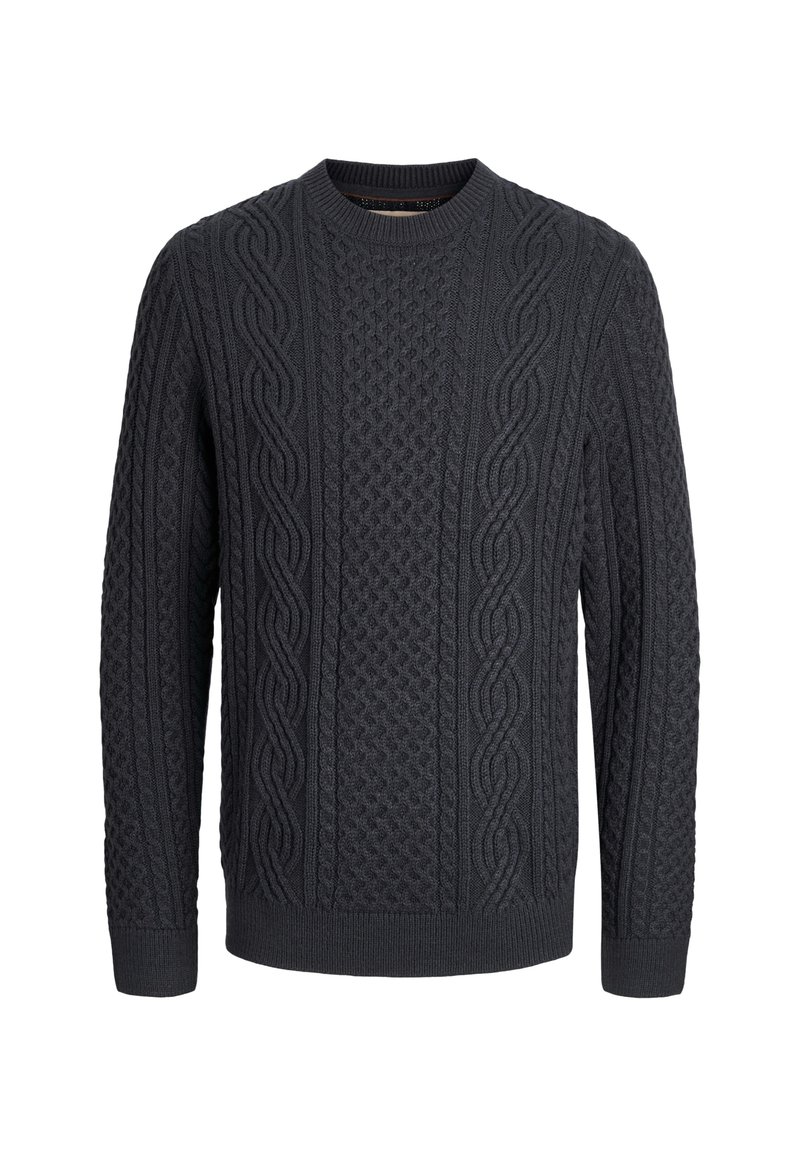 Dunkelgrauer Zopfmuster-Pullover mit langen Ärmeln und Rundhalsausschnitt, der auf der Vorderseite und an den Ärmeln komplexe Muster aufweist.