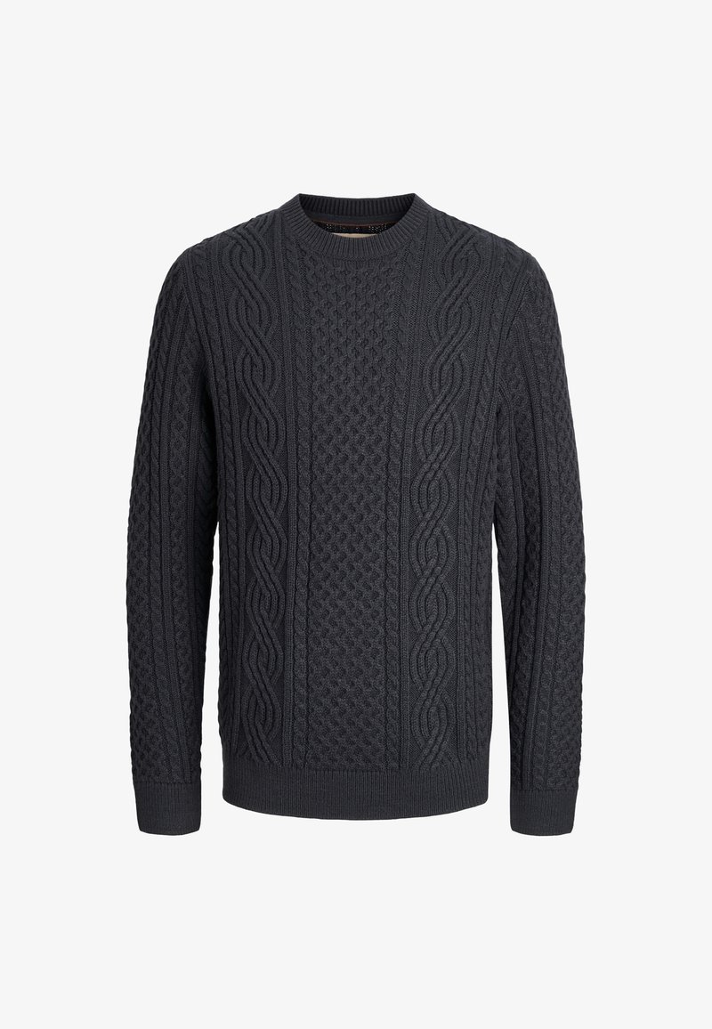 Maglione grigio scuro a trecce con maniche lunghe e scollatura rotonda, caratterizzato da intricati motivi testurizzati sulla parte anteriore e sulle maniche.