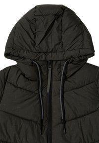 Mörkgrön isolerad jacka med quiltad design, huva, frontdragkedja och justerbara snoddar. Har ett texturerat tyg.