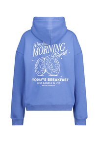 Blue hoodie with a front graphic featuring bagels, text in white reading "Absolute Morning Bagels," and "Today's Breakfast," with a relaxed fit.