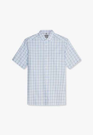 Camicia azzurro chiaro a maniche corte con bottoni, motivo a quadri e taschino sul petto, stesa su sfondo bianco.