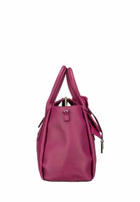 Purple leather handbag standing upright with dual handles and a side pocket with a zipper pull, photographed on a white background.
