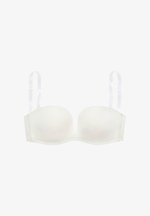 White strapless padded bra with detachable transparent shoulder straps, smooth cups, and a front center cutout.