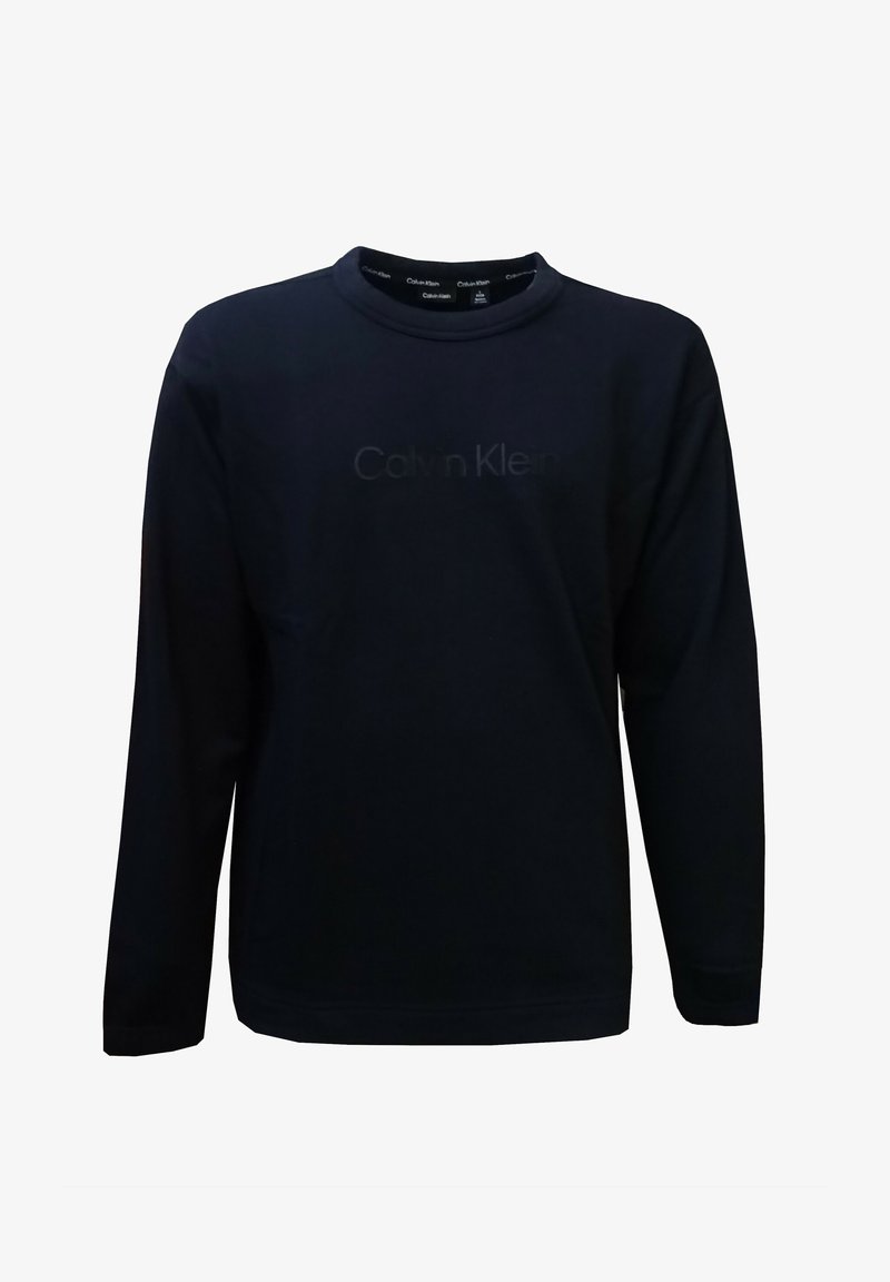 Sweat-shirt noir à manches longues avec col rond et logo Calvin Klein embossé subtil centré sur la poitrine.