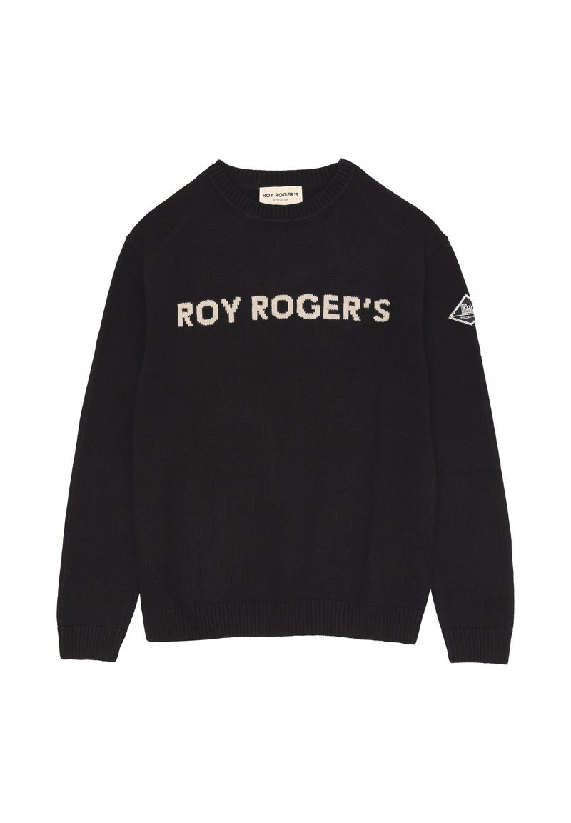 Maglione nero in tessuto lavorato a maglia. Presenta il testo "ROY ROGER'S" in grigio chiaro sulla parte anteriore e un'etichetta con il logo sulla manica sinistra.