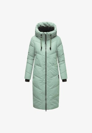 Lange mintgroene pufferjas met een hoge kraag, verstelbare trekkoordkap, gewatteerd textuur en ritssluiting aan de voorkant. Heeft zwarte manchetten.