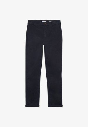 Granatowe spodnie bawełniane o prostym kroju, z zapięciem na guziki i szlufkami na pasek. Posiadają kieszenie boczne i tylne, wykończone nogawki bez wzorów.