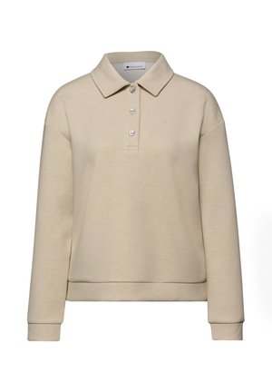 Beige pullover met lange mouwen, voorzien van een kraag en drie zilveren knopen aan de voorkant, effen ontwerp met geribbelde manchetten en zoom.
