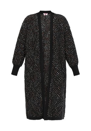 Løs pasform sort cardigan med strikket struktur. Har åbent front, ribbede manchetter og et spraglet mønster af hvide og brune tråde.