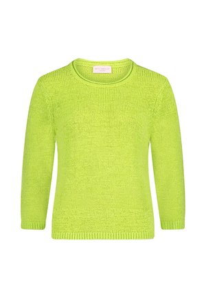 Helles, grünes, langärmliges Strickpullover mit gerippten Bündchen, Saum und rundem Ausschnitt.