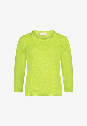 Jasnozielony dzianinowy sweter z długim rękawem, z prążkowanymi mankietami, dołem i okrągłym dekoltem.