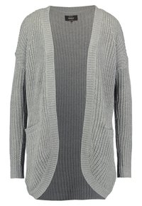 Cárdigan gris de punto abierto con mangas largas y bolsillos frontales, que presenta un patrón de relieve texturizado en toda su superficie.