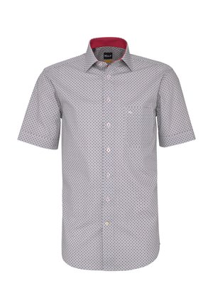 Camicia a maniche corte con bottoni, piccolo motivo geometrico, base bianca, fodera interna del colletto rossa e bottoni con accenti rossi.