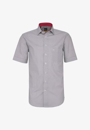 Camicia a maniche corte con bottoni, piccolo motivo geometrico, base bianca, fodera interna del colletto rossa e bottoni con accenti rossi.