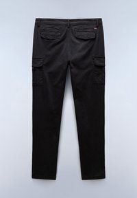 Black cargo pants with a straight leg design, featuring two side pockets and two back pockets. Soft fabric with belt loops and a clean hem.