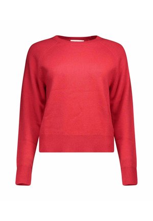 Pull en tricot rouge à manches longues avec un col rond côtelé, des poignets et un ourlet, présenté sur un fond blanc.