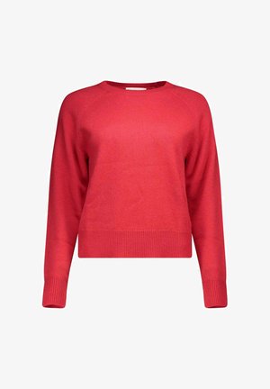 Rode langlevende gebreide trui met geribbelde ronde hals, manchetten en zoom, getoond op een witte achtergrond.