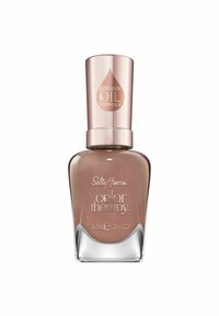 Sally Hansen Color Therapy kynsilakka ruusukultaisessa sävyssä, 14,7 ml:n pullo, jossa on kirkas pohja, metallinen korkki ja teksturoitu etiketti.
