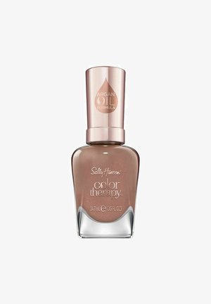 Sally Hansen Color Therapy neglelak i en rosaguld farve, 14,7 ml flaske med en klar base, metallåg og tekstureret etikette.