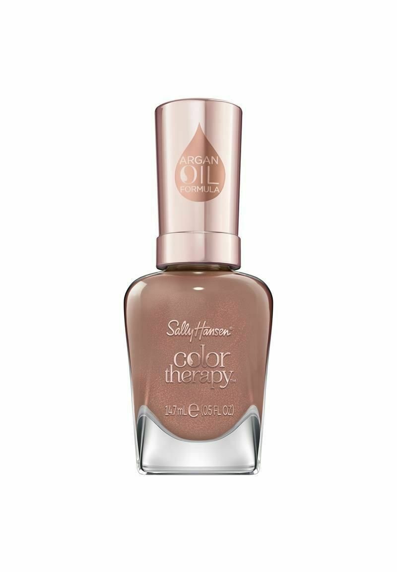Sally Hansen Color Therapy kynsilakka ruusukultaisessa sävyssä, 14,7 ml:n pullo, jossa on kirkas pohja, metallinen korkki ja teksturoitu etiketti.