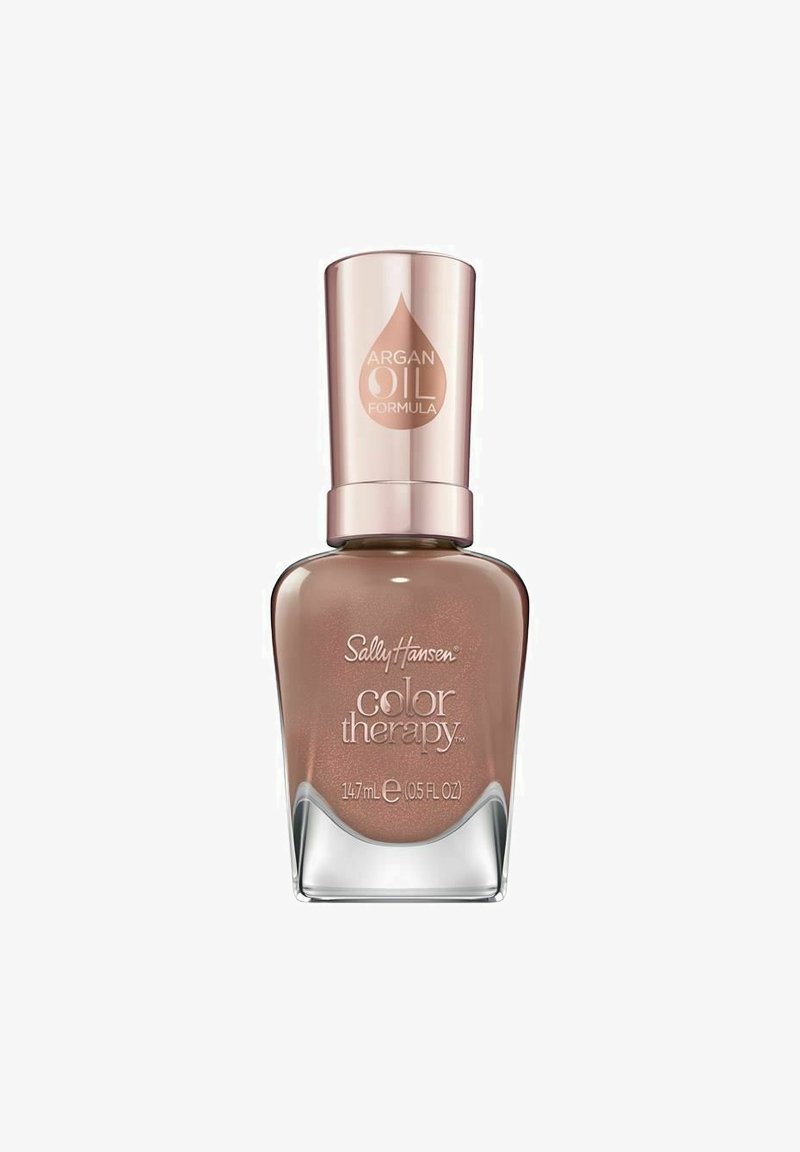 Sally Hansen Color Therapy kynsilakka ruusukultaisessa sävyssä, 14,7 ml:n pullo, jossa on kirkas pohja, metallinen korkki ja teksturoitu etiketti.