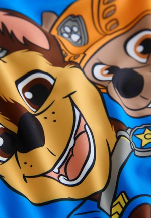 Du du kartūniniai šunys su perdėtomis veido išraiškomis, mėlyno fono. Vienas šuo dėvi oranžinę šalmą, abu ryškiaspalviai.