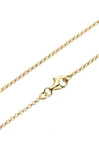Gold chain necklace with interlocking links and a lobster claw clasp. Features a smooth, shiny finish and a consistent color throughout.