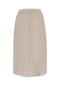 Gonna midi plissettata in beige chiaro, dotata di un ampio elastico in vita e un morbido tessuto, che presenta pieghe verticali uniformi.