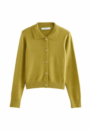 Gelinės mygtukų cardigan nėrinio geltonos spalvos, su klasikinėmis apykaklėmis, briaunotu apačiu ir rankogaliais, pagaminta iš minkštos, tekstūrinės medžiagos.