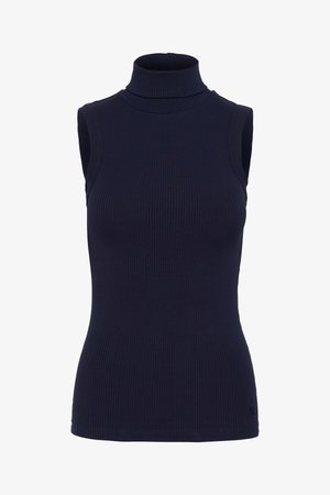 Brezrokavnik temno modre barve z rebrasto strukturo in visokim vratom, z oprijeto silhueto.