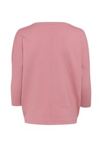 Helles rosa gestricktes Sweatshirt mit lockerer Passform, weiter Ausschnitt und Dreiviertelärmeln. Verfügt über eine Mittelnaht auf der Rückseite.