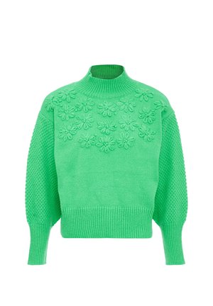 Lysegrøn strikket sweater med høj krave, teksturerede ærmer og hævede blomsterrelieffer på den øverste del af brystet og skuldrene.