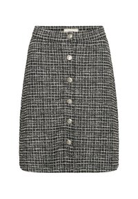 Zwart-witte tweed rok met A-lijn silhouet, voorkant knoopsluiting met zilverkleurige knopen en een gestructureerde stof.
