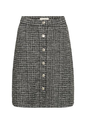 Gonna in tweed bianco e nero con silhouette a linea A, chiusura frontale con bottoni in tono argento e tessuto testurizzato in tutta la superficie.
