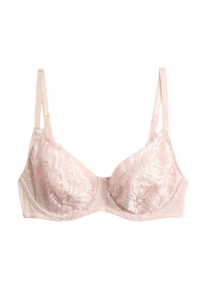 Lyserød blonde-bh med bøjle, justerbare tynde stropper og blomsterprint på skålene, vist mod en hvid baggrund.