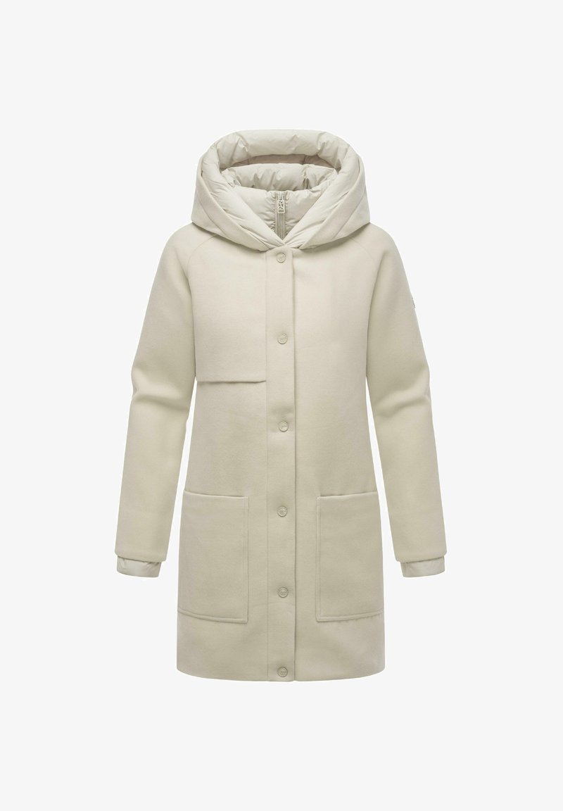 Gräddfärgad kappa med en stor, vadderad huva, framknappar, två sidofickor och ett slätt, texturerat tyg.