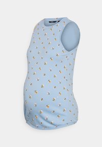 Top de maternidade azul em malha canelada com pequenos padrões florais em rosa, branco e laranja. Desenhado com decote redondo e sem mangas.