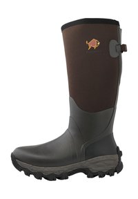 Rubber knee-high boot with a dark brown neoprene upper, gray rubber lower, textured outsole, and a logo in orange. Features adjustable strap.