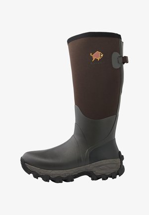 Gummistiefel knielang mit dunklem braunem Neopren-Oberschuh, grauem Gummi-Unterschuh, strukturiertem Laufsohlenprofil und einem orangefarbenen Logo. Verfügt über einen verstellbaren Riemen.