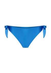 Niebieskie majtki bikini z węzłami po obu stronach. Gładki, elastyczny materiał w jednolitym kolorze, o niskim stanie.