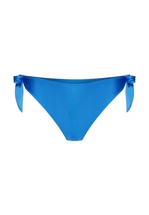 Blue bikini bottom with tied accents on both sides. Smooth, stretchy fabric in a solid color, featuring a low-rise design.