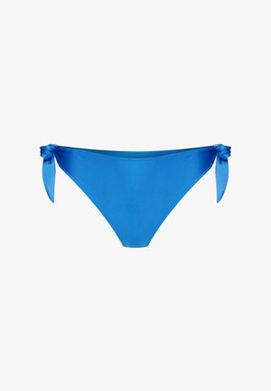 Niebieskie majtki bikini z węzłami po obu stronach. Gładki, elastyczny materiał w jednolitym kolorze, o niskim stanie.