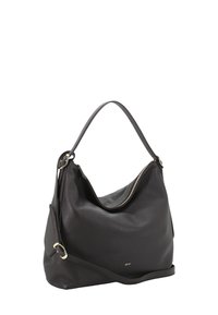 Borsa a spalla in pelle nera con un design morbido, accenti in metallo dorato e chiusura con zip superiore. Presenta un manico singolo e una marcatura discreta.