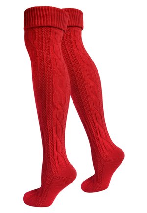 Rote knielange Socken aus strukturiertem Strickmaterial mit einem Diamantmuster und gerippten Bündchen. Weich, langlebig und warm.