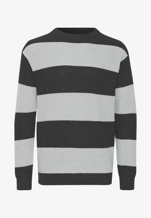 Tamsiai pilkas ir šviesiai pilkas raišteliais megztinis. Megztas audinys, apvalus iškirpimas, ilgomis rankovėmis, nuleisti rankogaliai ir apatinė dalis. Horizontalių juostelių atstumas yra vienodas.