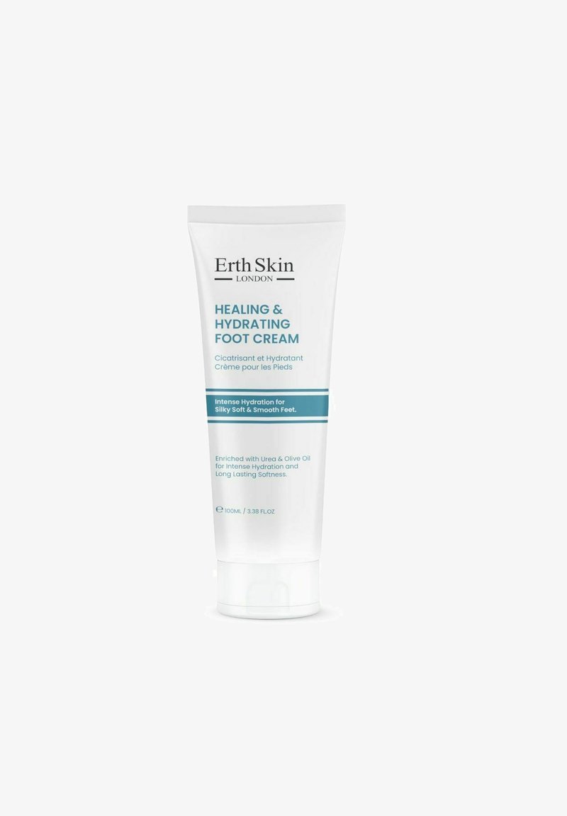 Biała plastikowa tubka z klapką, oznakowana "Erth Skin London Healing & Hydrating Foot Cream." 100 ml, z akcentami w kolorze teal i tekstem.