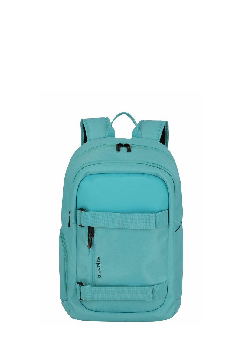 Zaino turchese con spallacci imbottiti, tasca frontale con zip, due tasche laterali e design elegante con finitura testurizzata.