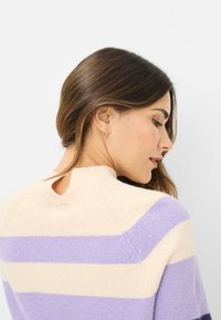 Gestreifter Pullover in Creme, Lavendel und Marineblau. Weiches Strickmaterial mit hohem Kragen und einem Schlüsselloch-Detail am Rücken. Leicht und lässig geschnitten.