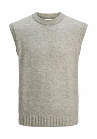 Gilet sans manches en tricot gris clair avec col rond côtelé, emmanchures et ourlet.